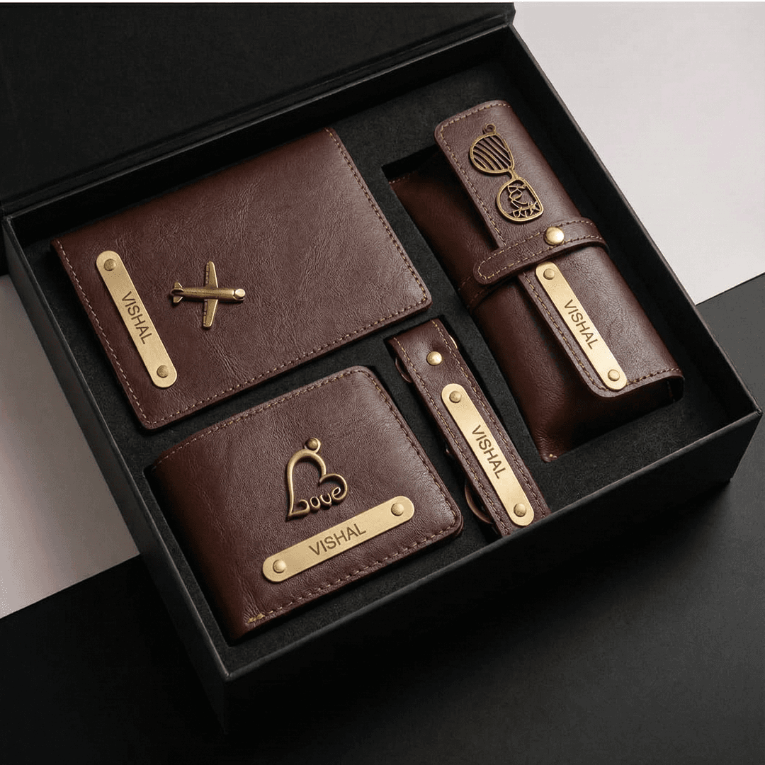 Premium Personalized 4-Piece Men’s Gift Set – Custom Engraved Wallet, Passport Cover, Eyewear Case & Keychain (Available in 4 Colors)