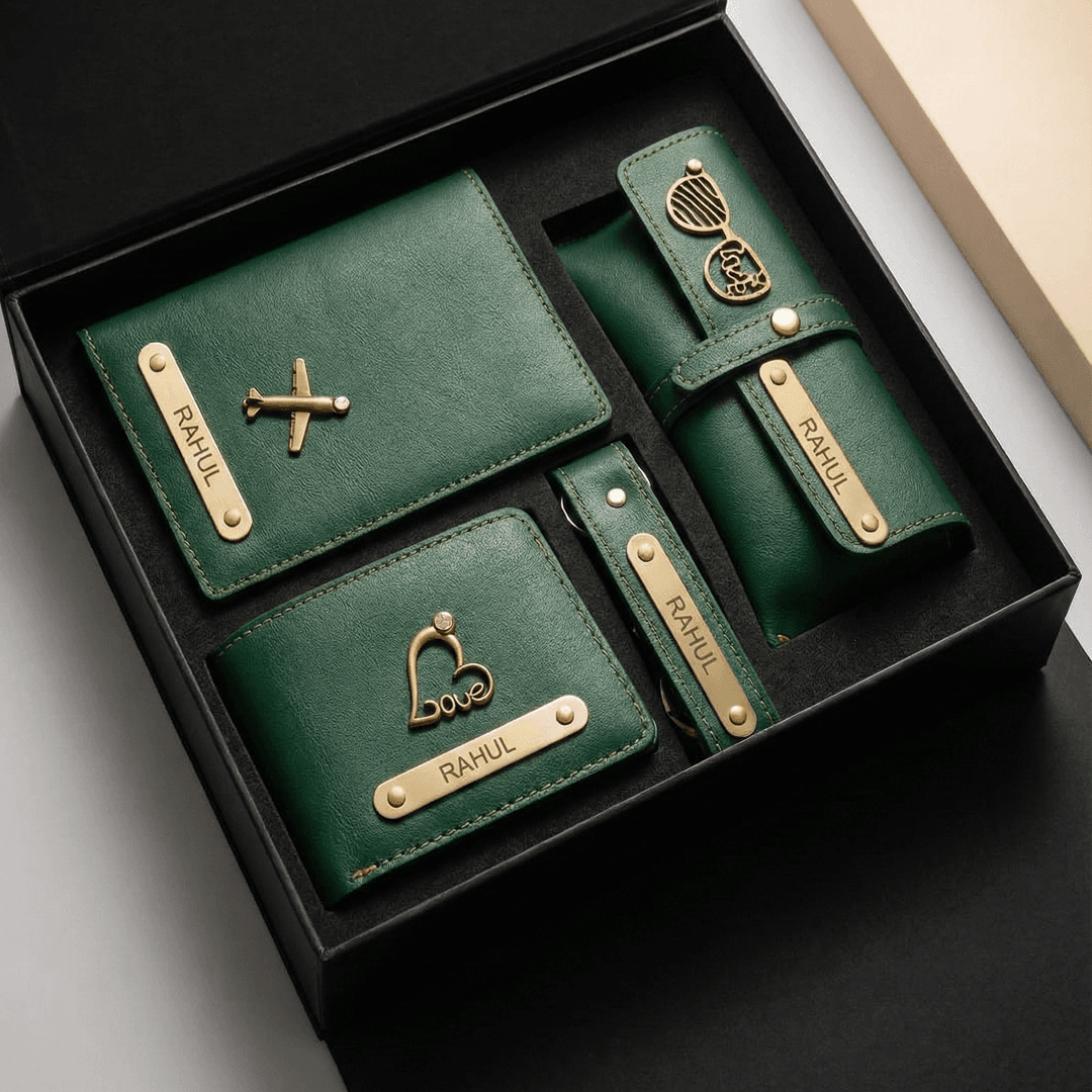 Premium Personalized 4-Piece Men’s Gift Set – Custom Engraved Wallet, Passport Cover, Eyewear Case & Keychain (Available in 4 Colors)